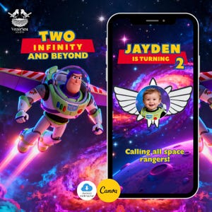 Könnte beinhalten: Eine digitale Einladung mit Buzz Lightyear aus Toy Story, mit dem Text "TWO INFINITY AND BEYOND." Ein Smartphone zeigt ein Foto eines Kindes mit dem Text "JAYDEN IS TURNING 2." Die Einladung enthält den Satz "Calling all space rangers!"