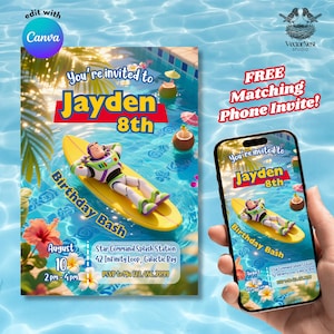 May include: A birthday invitation featuring a cartoon character on a surfboard in a pool. The invitation reads "You're invited to Jayden 8th Birthday Bash" with event details. A matching phone invite is also shown.