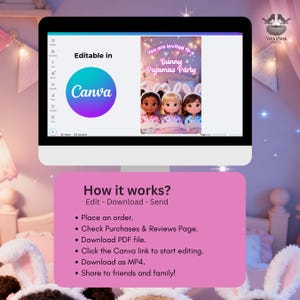 May include: A computer monitor displays a party invitation design. The invitation reads "You are invited to a Bunny Pajamas Party" with illustrations of dolls wearing bunny ears. The screen also shows the Canva logo and instructions: Edit, Download, Send.