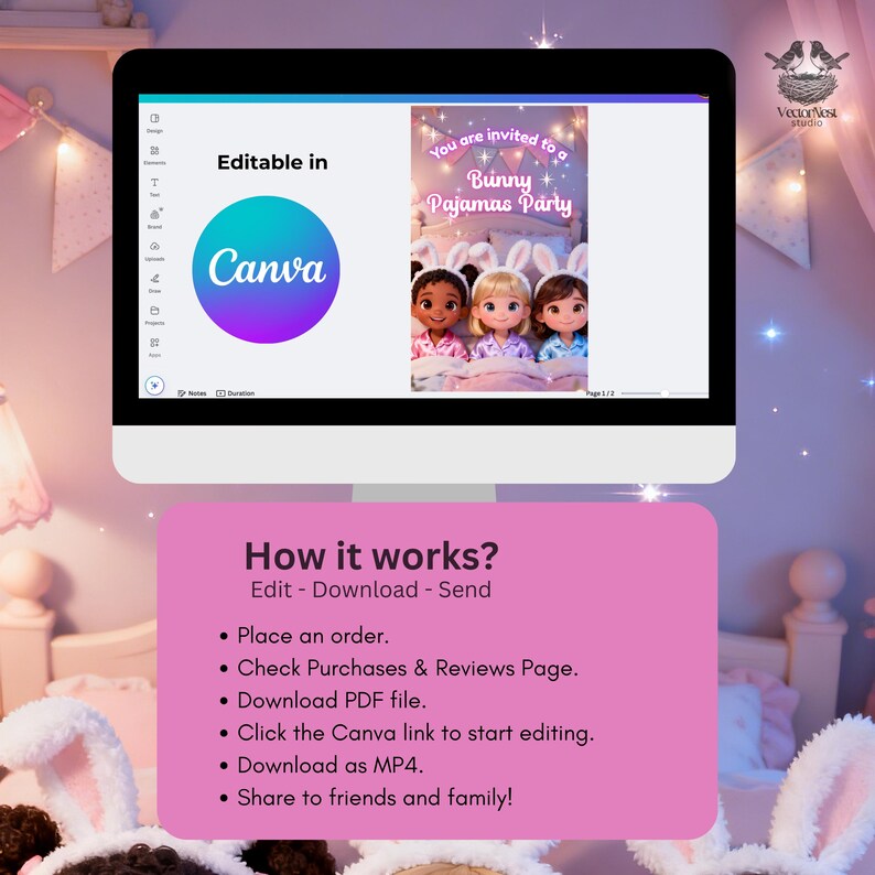 May include: A computer monitor displays a party invitation design. The invitation reads "You are invited to a Bunny Pajamas Party" with illustrations of dolls wearing bunny ears. The screen also shows the Canva logo and instructions: Edit, Download, Send.