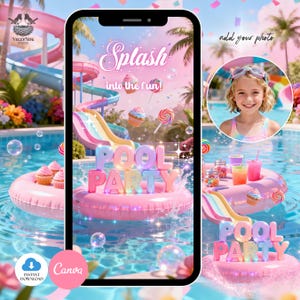 Op de afbeelding: Een digitaal ontwerp voor een zwembadfeestuitnodiging. Het ontwerp toont een smartphone met de woorden "Splash into the fun!" en "Pool Party". De achtergrond bevat een zwembad, waterglijbanen en cupcakes.