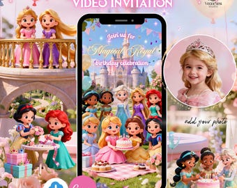 Lilla prinsessans födelsedagsinbjudan Kungligt slottsfest animerad video digital mall, direkt nedladdning