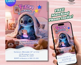 May include: A birthday party invitation featuring a blue Stitch character holding a phone. The invitation includes the text "Fiona is turning 2" and "Let's have a magical Stitch pajama party!" with event details.