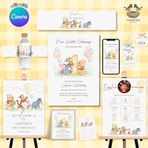 May include: A collection of Winnie the Pooh themed birthday party supplies. Includes invitations, a welcome sign, a milestone chart, water bottle labels, and thank you tags. The color scheme is soft yellow, beige, and pastel colors.