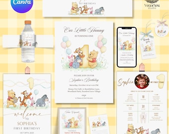 May include: A selection of Winnie the Pooh themed party supplies for a first birthday. Includes invitations, a welcome sign, a milestone chart, water bottle labels, and thank you tags. The color palette is soft yellow and pastel hues.