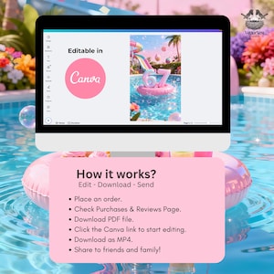 Może przedstawiać: Ekran komputera wyświetla szablon Canva z r&oacute;żowym okręgiem i napisem "Editable in Canva". Ekran pokazuje scenę z imprezy przy basenie z r&oacute;żowym pływakiem i numerem 67. R&oacute;żowa karta poniżej m&oacute;wi "How it works?" z instrukcjami.