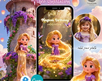 May include: A digital Rapunzel-themed video invitation with a castle, cartoon characters, and the text "Rapunzel Video Invitation." The invitation includes the text "Join us for a Magical Birthday celebration" and a space to add a photo.
