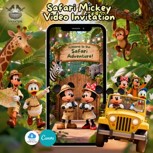 Puede incluir: Una invitación digital con temática de safari con Mickey y Minnie Mouse, Goofy y Donald Duck. La invitación incluye el texto "Safari Mickey Video Invitation" y "Welcome to the Safari Adventure!" en un entorno selvático con una jirafa, una cebra y un elefante.