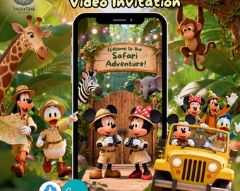 May include: A digital invitation with a safari theme featuring Mickey and Minnie Mouse, Goofy, and Donald Duck. The invitation includes the text "Safari Mickey Video Invitation" and "Welcome to the Safari Adventure!" in a jungle setting with a giraffe, zebra, and elephant.