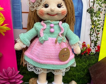 Handmade Crochet Amigurumi Doll: Soft Cotton, Pink Dress, Nursery Decor