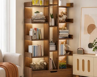 Modern Corner Bookshelf with Storage Drawer, Space Saving Wooden Display Shelf, Small Apartment Organizer, Living Room Decor Shelf