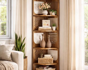 6 Tier Tall Corner Shelf 71 Inch Rustic Wood Corner Bookshelf Narrow Space Saving Storage Rack Modern Living Room Decor