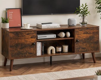 Móvel para TV estilo meados do século XX, 60 polegadas, console de mídia em madeira preta com armários de armazenamento e prateleira ajustável, unidade de entretenimento para sala de estar