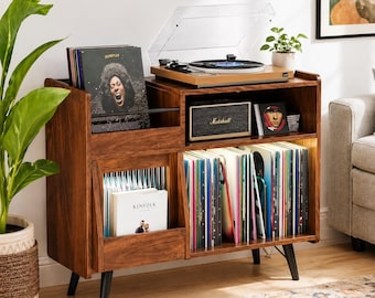 Vintage Record Player Stand with Storage, Vinyl Cabinet with LED Lights & Power Outlet, Sliding Door Turntable Console Table