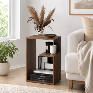 Modern Walnut Side Table with Storage Shelf, Small End Table for Living Room, Compact Nightstand, Minimalist Accent Table
