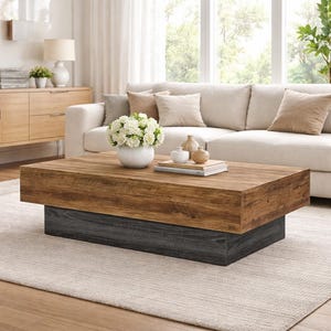 Può includere: Tavolino rettangolare bicolore. Il piano è in legno marrone chiaro, la base è grigio scuro. Il tavolo è in un soggiorno con un divano bianco, cuscini e un tappeto. Il tavolo misura circa 120 cm di lunghezza.
