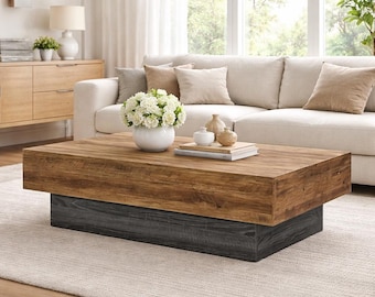 Mesa de centro de madera estilo granja con almacenamiento, mesa rústica para sala de estar de 140 cm, mesa de centro rectangular moderna, acabado marrón.