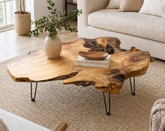 Natural Edge Wood Coffee Table, Organic Shape Modern Living Room Table, Rustic Boho Low Table with Metal Hairpin Legs
