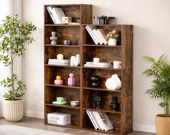 6 Tier Wooden Bookshelf, Modern Open Storage Bookcase, Rustic Floor Standing Shelf