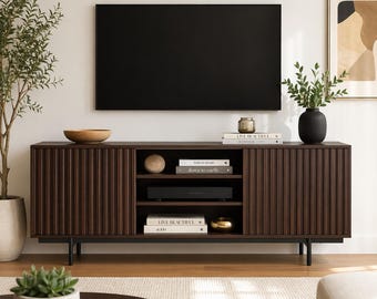 Mid Century Modern TV Stand 75 Inch, Fluted Wood Media Console, Walnut Entertainment Center with Storage Cabinets & Shelves