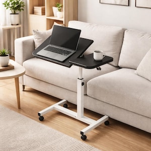 Adjustable Rolling Overbed Table, Mobile Laptop Desk, Bedside Workstation, Tilt Top Sofa Table