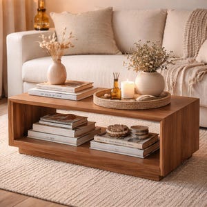 Mid Century Modern Coffee Table, Walnut Finish Storage Shelf Rectangle Table