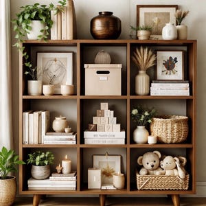 May include: A wooden bookshelf with multiple cubbies filled with decorative items. The items include plants, books, vases, candles, a box, a basket, framed art, and stuffed animals. The color palette is neutral with warm wood tones.
