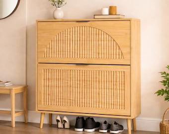 Modern Slim Shoe Cabinet, Fluted Doors, Narrow Entryway Storage Organizer, Wood Rack