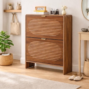 Slim Shoe Cabinet, Modern Entryway Storage, Fluted Flip Drawers, Minimalist Hallway Furniture