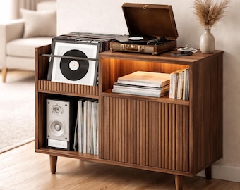 Modern Record Player Stand, Vinyl Storage Cabinet, LED Lighting, Charging Station, 300 Records