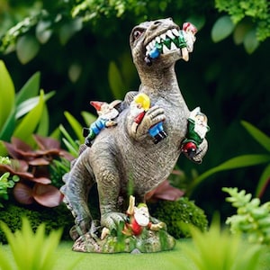 Dinosaur Eating Gnomes Statue - Funny Garden Decor T-Rex Lawn Art