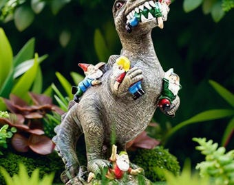 Dinosaur Eating Gnomes Statue - Funny Garden Decor T-rex Lawn Art