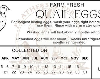 May include: A black and white label for quail eggs, featuring a detailed illustration of a quail. The label includes text about egg care, storage, and a calendar for tracking collection dates. The text reads "Farm Fresh Quail Eggs."