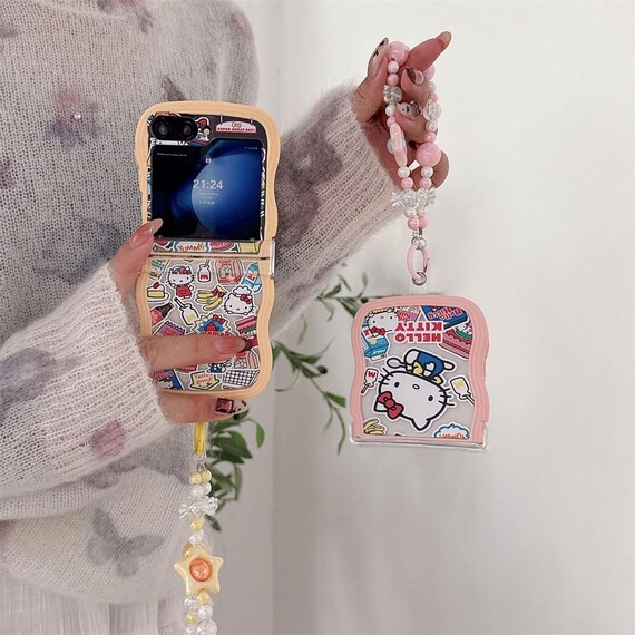 Cute Yellow Banana Spoon Hello Kitty Phone Case with Chain for Samsung Galaxy Z Flip 7/6/5/4/3