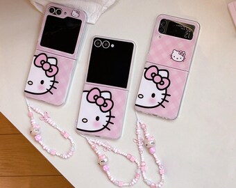 Cute Pink Plaid Hello Kitty Phone Case With Lanyard for Galaxy Z