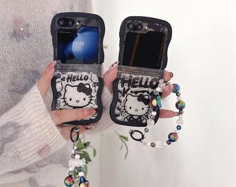Cute Black Edge Sitting Hello Kitty Phone Case with Strap for Samsung Galaxy Z Flip 3 4 5 6 7