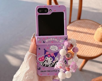 Adorable purple Kurumi protective case with detachable lanyard, suitable for Samsung Galaxy Z Flip 3/4/5/6/7 series