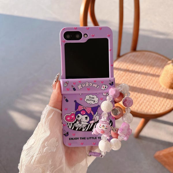 Schattige paarse Kurumi-beschermhoes met afneembaar sleutelkoord, geschikt voor de Samsung Galaxy Z Flip 3/4/5/6/7-serie
