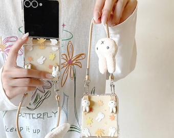 Cute Maple Leaf Miffy Rabbit Phone Case with Lanyard for Samsung Z Flip 3/4/5/6/7