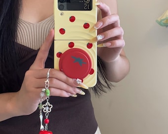 Adorable Creamy Tomato Magnetic Protective Case: Features a detachable lanyard and stand, compatible with Samsung Galaxy Z Flip 3/4/5/6/7.