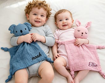 Newborn Baby Lovey Blanket, Custom Name Organic Muslin Comforter, Personalized Animal Blanket for Baby Shower Gift