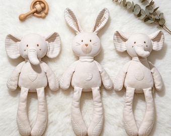 Personalised Organic Cotton Bunny Baby Toy, Custom Embroidered Name Newborn Baby Gift, Beige Nursery Stuffed Animal, Baby Shower Gifts