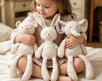 Personalized Organic Cotton Animal Doll, Embroidered Baby Girl Name Gift,, Baby Shower Gifts
