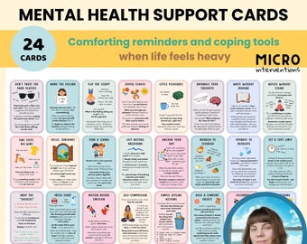 Op de afbeelding: Een set van 24 kaarten voor mentale gezondheidsondersteuning met de tekst "Depressie coping vaardigheden" en "Mentale gezondheid ondersteuningskaarten". Elke kaart bevat troostende herinneringen en coping tools.