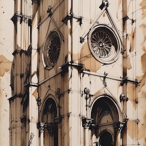 Architectural Cathedral Facade Sketch | Vintage Ink Illustration | Printable Wall Art
