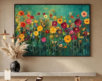Pintura al óleo de flores silvestres coloridas, arte floral abstracto de gran tamaño para pared, arte de campo texturizado, arte botánico moderno, decoración de lienzo bohemio.