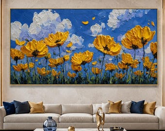 Olieverfschilderij met gele bloemen in impasto-techniek, canvas schilderij met textuur en bloemenmotief voor aan de muur, geschikt voor slaapkamer en woonkamer.