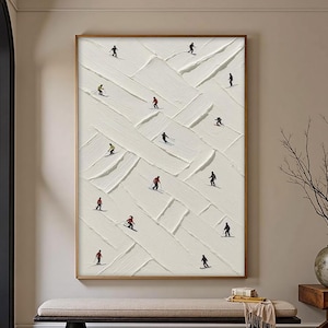 Textured Ski Slope Oil Painting, Modern Winter Sports Art,Dynamic Skier Landscape,Impasto Snow Art,Large Blue and White Wall Art,Wall Decor