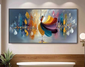 Colorful Dancer Oil Painting, Textured Cityscape Art, Large Abstract Wall Decor
