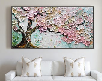 Origineel olieverfschilderij van kersenbloesems, boomkunst met textuur, roze bloemenimpasto, kunstwerk gemaakt met paletmes.